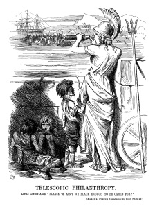 ‘Telescopic Philanthropy’, Punch, Volume XLVIII, 4 March 1865, Page 89. Little London Arab. "PLEASE 'M, AIN'T WE BLACK ENOUGH TO BE CARED FOR?" 
